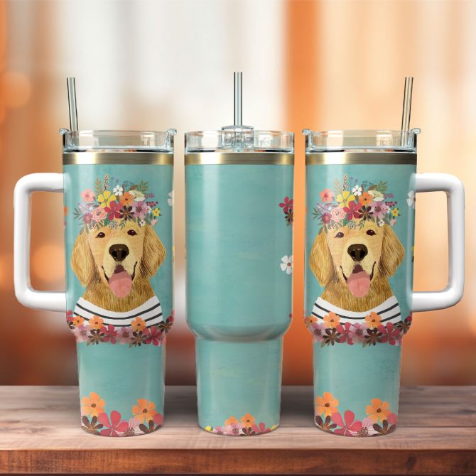Cute Dog Animal Colorful Custom Stanley Quencher 40Oz Stainless Steel Tumbler With Handle