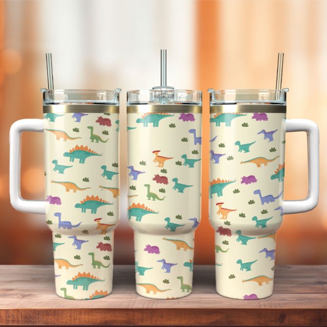 Dinosaur Animal Colorful Custom Stanley Quencher 40Oz Stainless Steel Tumbler With Handle