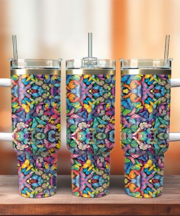 Colorful Butterfly Custom Stanley Quencher 40Oz Stainless Steel Tumbler With Handle