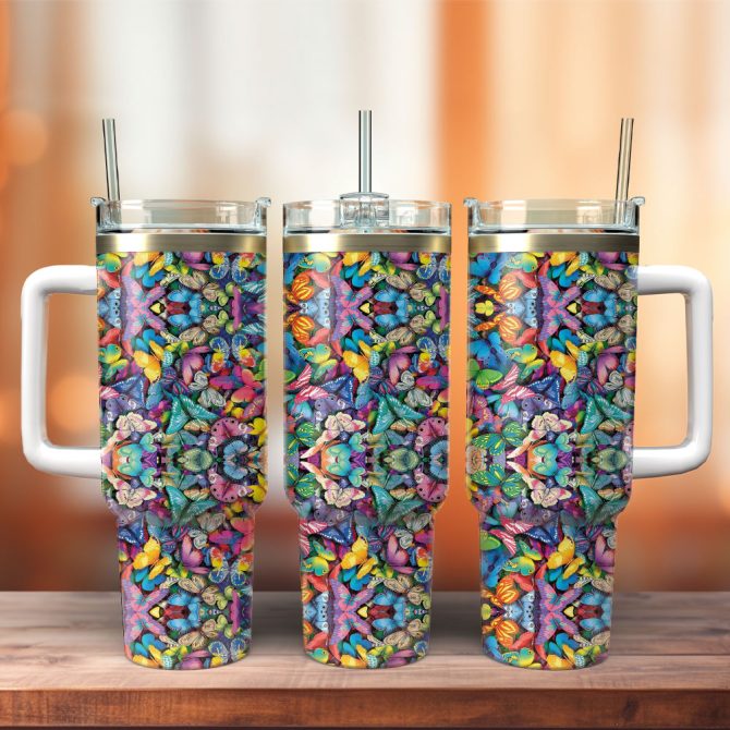 Colorful Butterfly Custom Stanley Quencher 40Oz Stainless Steel Tumbler With Handle