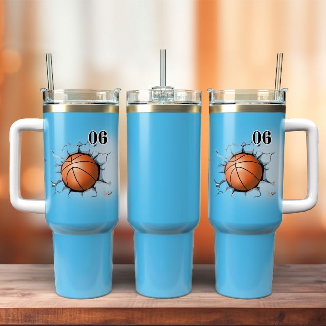 Basketball Smash Blue Sport Custom Stanley Quencher 40Oz Stainless Steel Tumbler With Handle