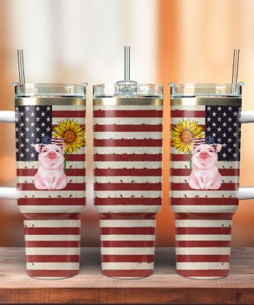 Patriotic Pig Sunflower American Flag Custom Stanley Quencher 40Oz Stainless Steel Tumbler With Handle