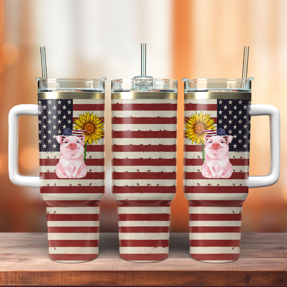 Patriotic Pig Sunflower American Flag Custom Stanley Quencher 40Oz Stainless Steel Tumbler With Handle