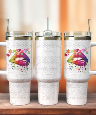 Colorful Sublimation Lips Artwork Custom Stanley Quencher 40Oz Stainless Steel Tumbler With Handle