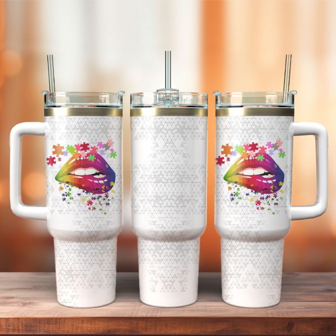 Colorful Sublimation Lips Artwork Custom Stanley Quencher 40Oz Stainless Steel Tumbler With Handle