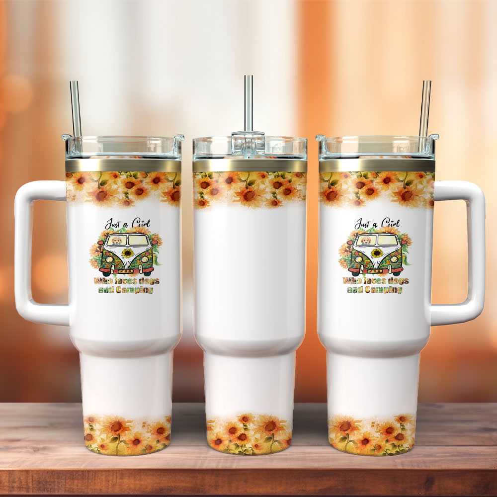Sunflower Girl Dog Camping Hippie Custom Stanley Quencher 40Oz Stainless Steel Tumbler With Handle