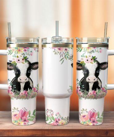 Baby Cow Flower Arkwork Custom Stanley Quencher 40Oz Stainless Steel Tumbler With Handle