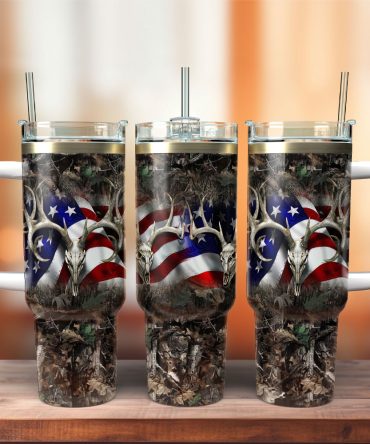 American Flag Deer Horn Artwork Custom Stanley Quencher 40Oz Stainless Steel Tumbler With Handle