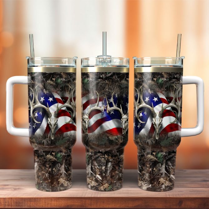 American Flag Deer Horn Artwork Custom Stanley Quencher 40Oz Stainless Steel Tumbler With Handle