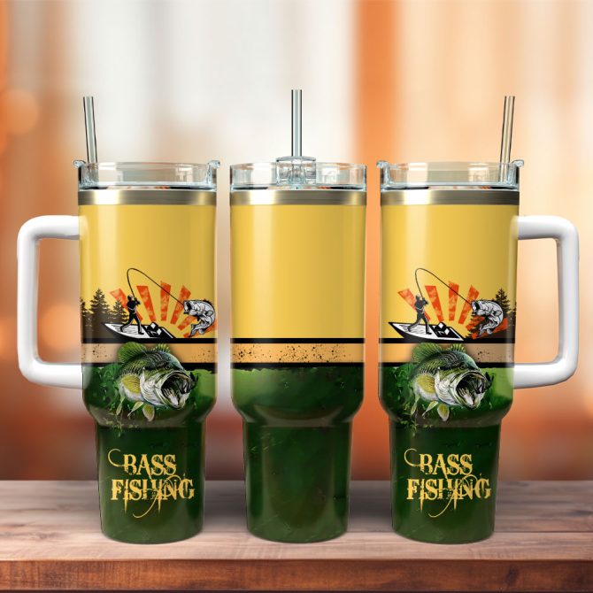 Fish Bass Fishing Sport Artwork Custom Stanley Quencher 40Oz Stainless Steel Tumbler With Handle