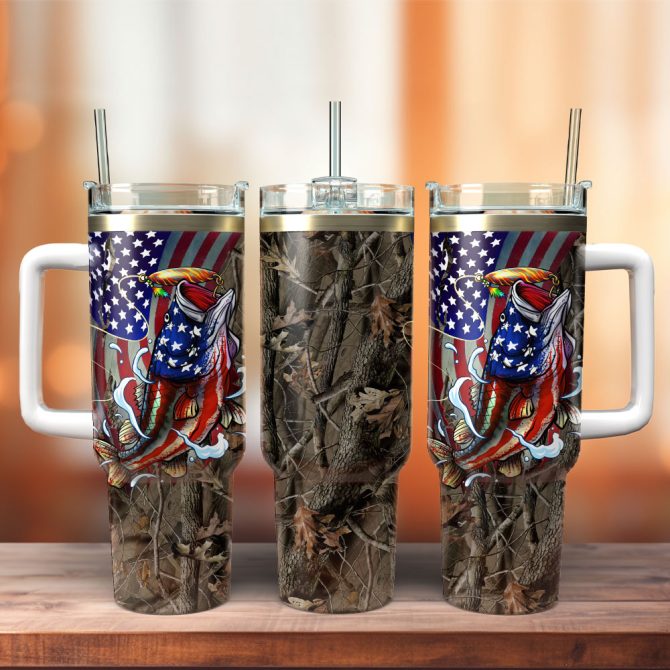 Cool Fishing American Flag Design Artwork Custom Stanley Quencher 40Oz Stainless Steel Tumbler With Handle