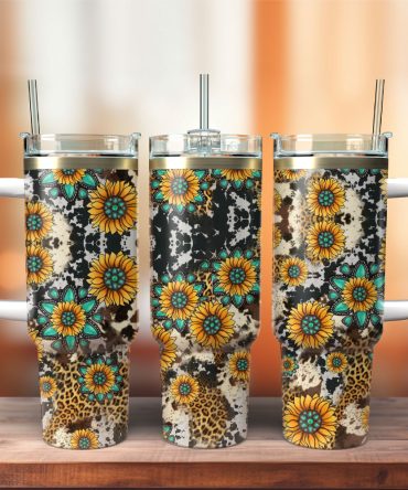 Sunflowers On Animal Prints Artwork Custom Stanley Quencher 40Oz Stainless Steel Tumbler With Handle