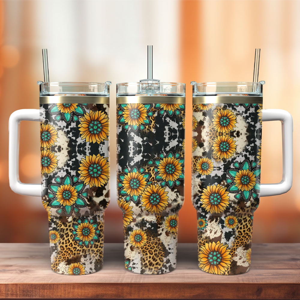 Sunflowers On Animal Prints Artwork Custom Stanley Quencher 40Oz Stainless Steel Tumbler With Handle