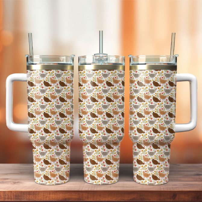 Flower Chicken Pattern Artwork Custom Stanley Quencher 40Oz Stainless Steel Tumbler With Handle