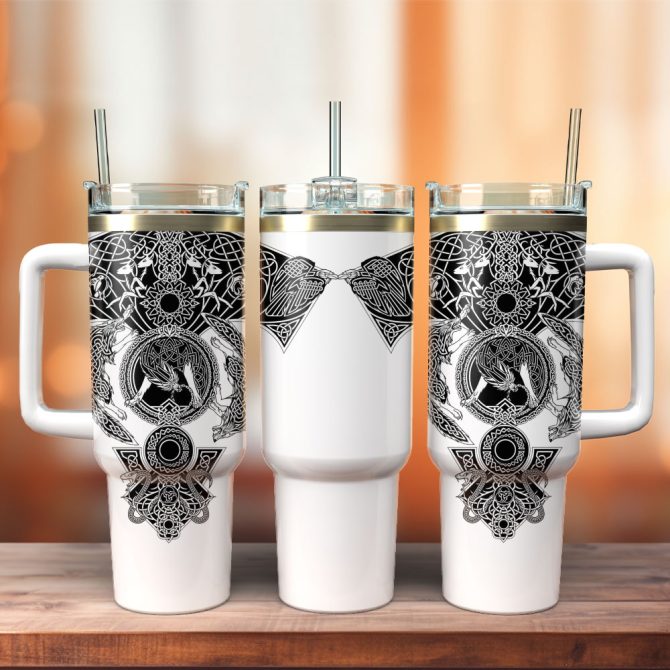 Black White Sagas Tattoo Pattern Games Custom Stanley Quencher 40Oz Stainless Steel Tumbler With Handle