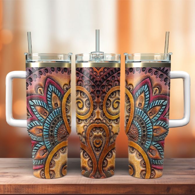 Bohemian Pattern Artwork Custom Stanley Quencher 40Oz Stainless Steel Tumbler With Handle