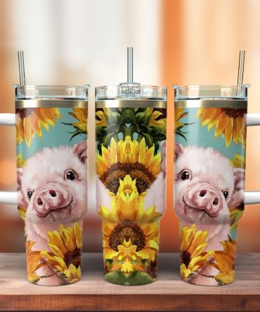 Cute Piglet Sunflower Artwork Custom Stanley Quencher 40Oz Stainless Steel Tumbler With Handle