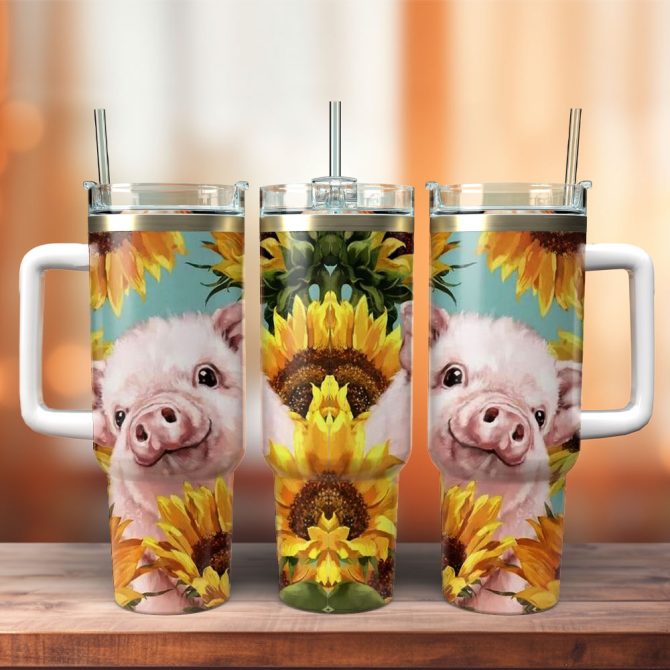 Cute Piglet Sunflower Artwork Custom Stanley Quencher 40Oz Stainless Steel Tumbler With Handle