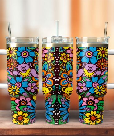 Hippie Colorful Flower Artwork Custom Stanley Quencher 40Oz Stainless Steel Tumbler With Handle