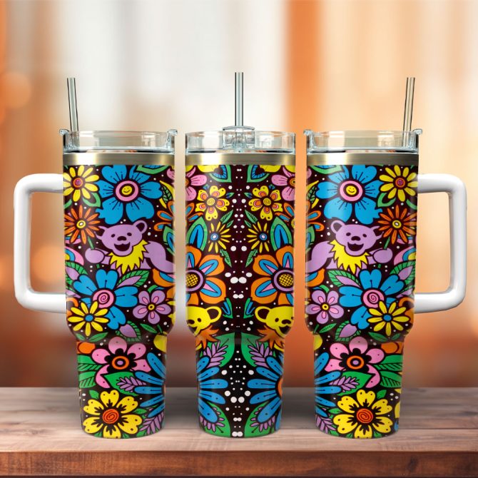 Hippie Colorful Flower Artwork Custom Stanley Quencher 40Oz Stainless Steel Tumbler With Handle