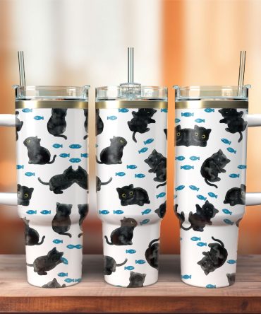 Cute Black Cat And Fish Pattern Artwork Custom Stanley Quencher 40Oz Stainless Steel Tumbler With Handle