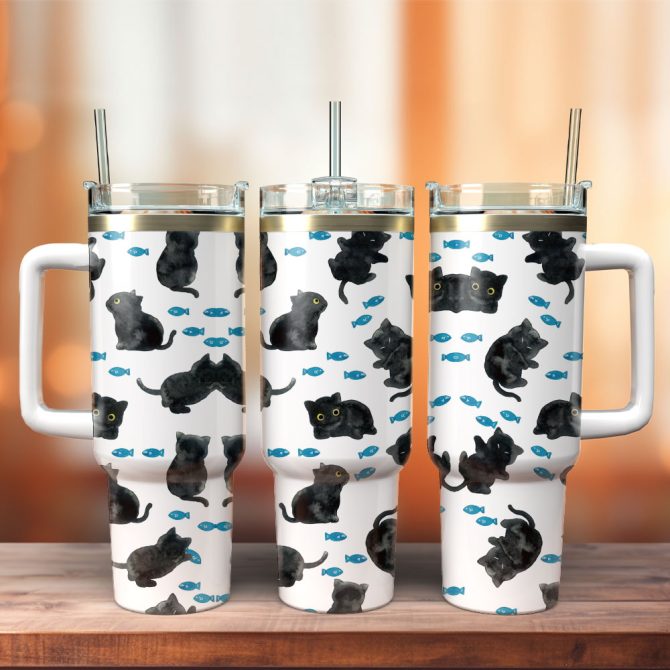 Cute Black Cat And Fish Pattern Artwork Custom Stanley Quencher 40Oz Stainless Steel Tumbler With Handle