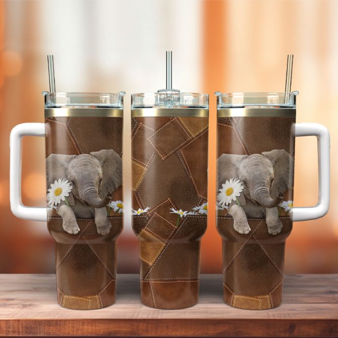 Cute Elephant Art Custom Stanley Quencher 40Oz Stainless Steel Tumbler With Handle