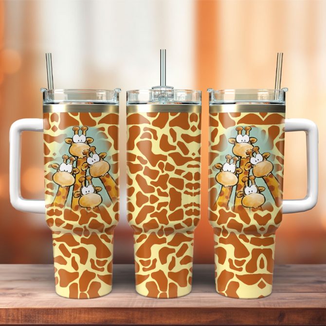 Cute Giraffe Artwork Custom Stanley Quencher 40Oz Stainless Steel Tumbler With Handle