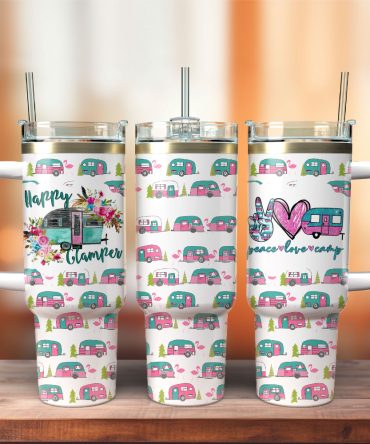 Happy Glamper Artwork Custom Stanley Quencher 40Oz Stainless Steel Tumbler With Handle