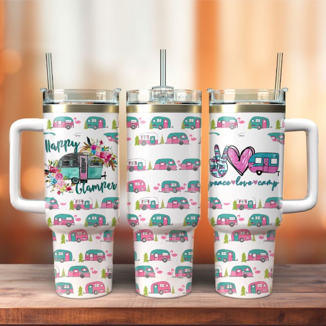 Happy Glamper Artwork Custom Stanley Quencher 40Oz Stainless Steel Tumbler With Handle