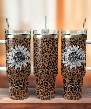 Flower And Leopard Artwork Custom Stanley Quencher 40Oz Stainless Steel Tumbler With Handle