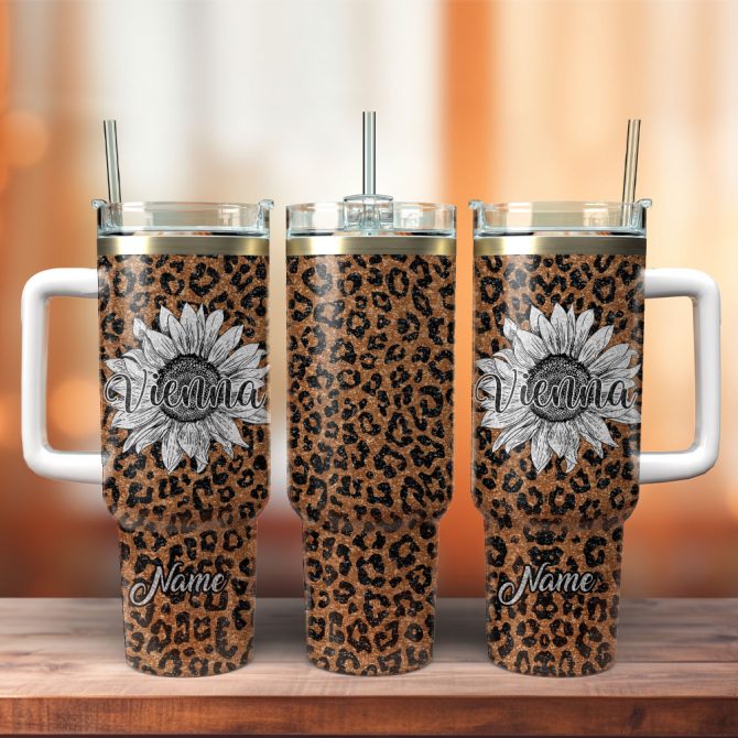 Flower And Leopard Artwork Custom Stanley Quencher 40Oz Stainless Steel Tumbler With Handle