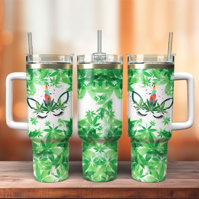 Funny Unicorn Weed Art Custom Stanley Quencher 40Oz Stainless Steel Tumbler With Handle