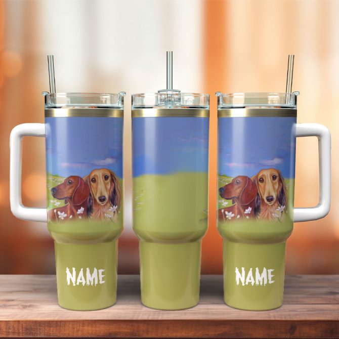 Dachshund Dog Custom Stanley Quencher 40Oz Stainless Steel Tumbler With Handle