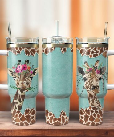 Giraffe And Flowers Custom Stanley Quencher 40Oz Stainless Steel Tumbler With Handle