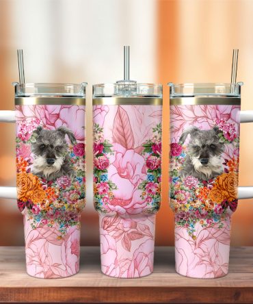 Dog And Flowers Custom Stanley Quencher 40Oz Stainless Steel Tumbler With Handle