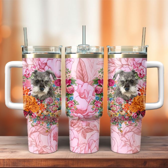 Dog And Flowers Custom Stanley Quencher 40Oz Stainless Steel Tumbler With Handle