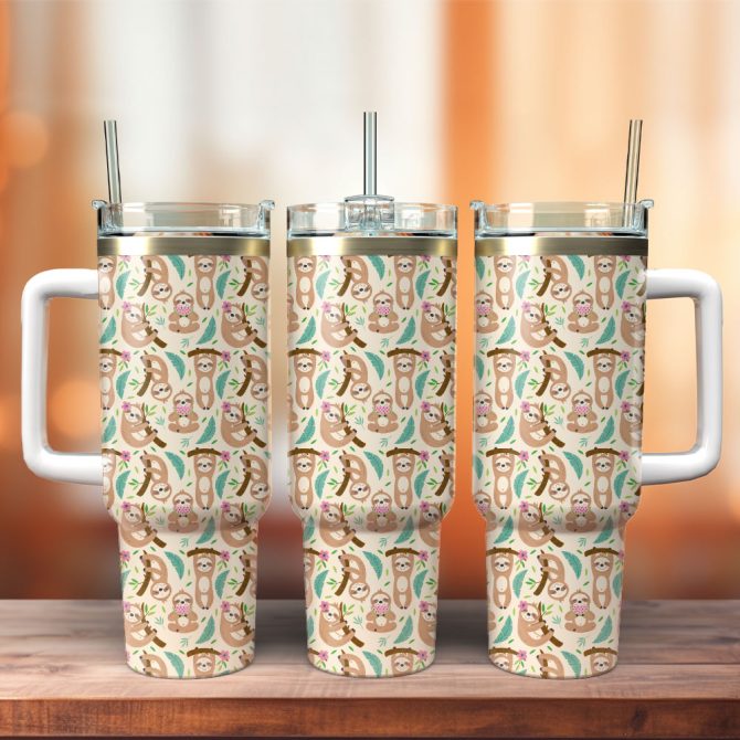 Chibi Sloth Sleeping Custom Stanley Quencher 40Oz Stainless Steel Tumbler With Handle