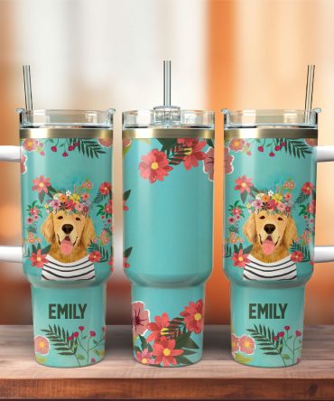 Dog And Flowers Custom Stanley Quencher 40Oz Stainless Steel Tumbler With Handle