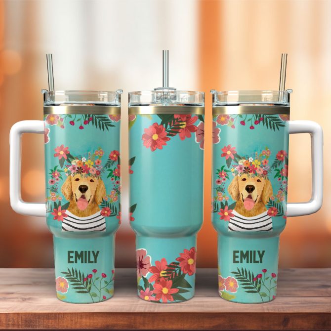 Dog And Flowers Custom Stanley Quencher 40Oz Stainless Steel Tumbler With Handle