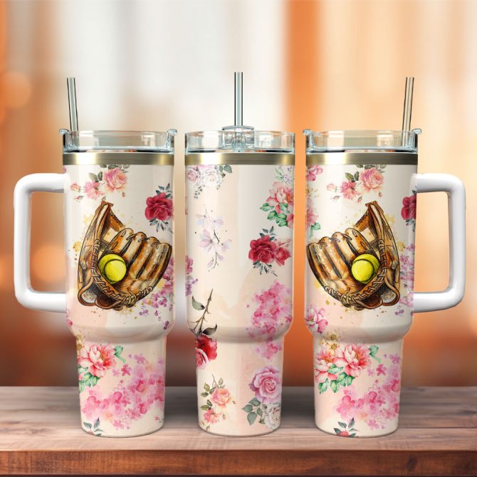 Baseball Glove And Ball Artwork Custom Stanley Quencher 40Oz Stainless Steel Tumbler With Handle