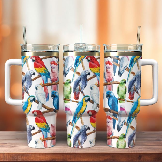 Colorful Parrots Animal Custom Stanley Quencher 40Oz Stainless Steel Tumbler With Handle