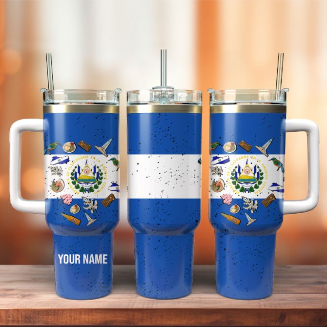 El Salvador Flag Symbols Custom Stanley Quencher 40Oz Stainless Steel Tumbler With Handle