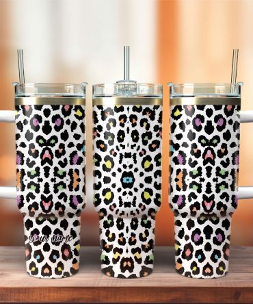 Colorful Leopard Animal Custom Stanley Quencher 40Oz Stainless Steel Tumbler With Handle