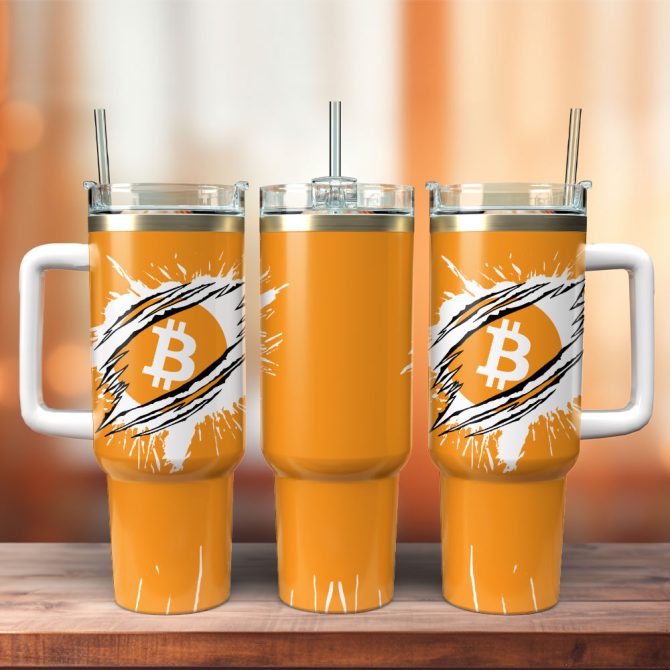 Bitcoin Logo Artwork Custom Stanley Quencher 40Oz Stainless Steel Tumbler With Handle