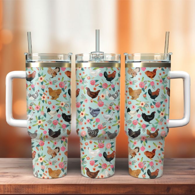 Chicken Breeds Floral Artwork Custom Stanley Quencher 40Oz Stainless Steel Tumbler With Handle