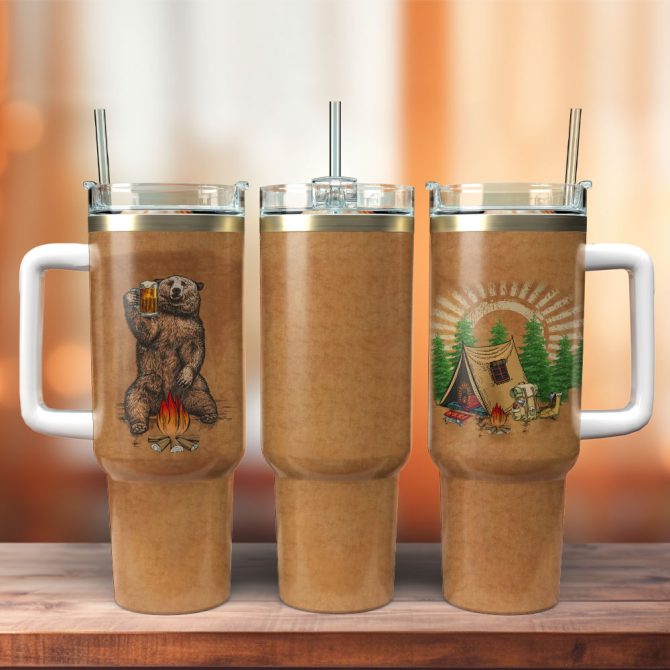 Bear Beer Camping Peace Animal Custom Stanley Quencher 40Oz Stainless Steel Tumbler With Handle