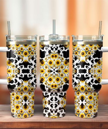 Sunflowers Glitter Leopard Artwork Custom Stanley Quencher 40Oz Stainless Steel Tumbler With Handle