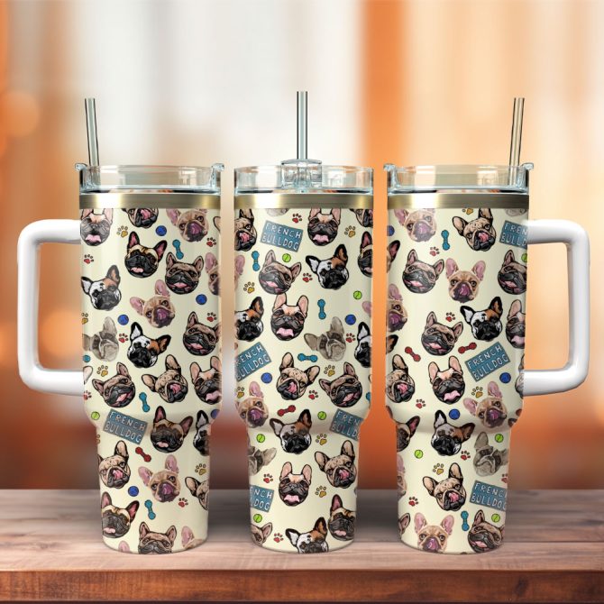 French Bull Dog Artwork Custom Stanley Quencher 40Oz Stainless Steel Tumbler With Handle