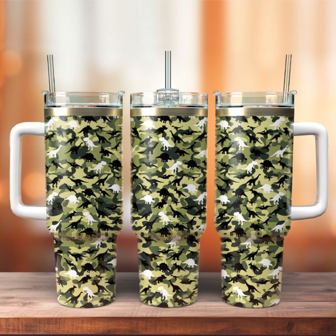Dinosaur Camo Military Animal Custom Stanley Quencher 40Oz Stainless Steel Tumbler With Handle